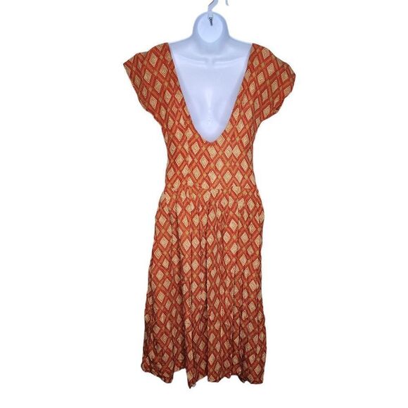 Vintage 70s Drop Waist Maxi Dress Womens Size S Orange Cotton Flowy Diamond - Picture 2 of 7